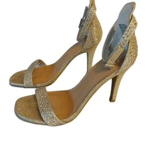 Material Girl Sparkly High Heels Sz 6.5 Rhinestone Studded Ankle Strap Open Toe